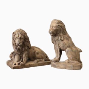 Large Early 19th Century French Terracotta Lions, Set of 2