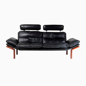 Mid-Century Modern Danish Black Leather and Teak Sofa by Komfort, 1970s
