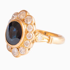 18 Karat Yellow Gold Daisy Ring with Sapphire and Brilliant Cut Diamonds, 1960s