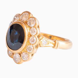 Bague Marguerite en Or Jaune 18 Carats avec Saphir et Diamants Taille Brillant, 1960s