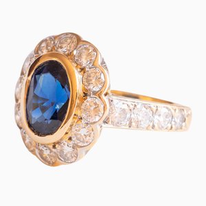 14 Karat Yellow and White Gold Daisy Ring with Synthetic Sapphire and Brilliant Cut Diamonds, 1980s
