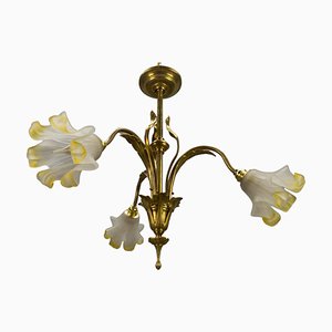 French Art Nouveau Brass and Glass 3-Light Iris-Shaped Chandelier, 1910s