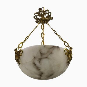 French Art Deco Alabaster and Bronze Thistle Pendant Light, 1920s