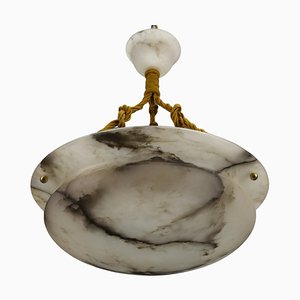 French Art Deco White and Black Veined Alabaster Pendant Light, 1920s