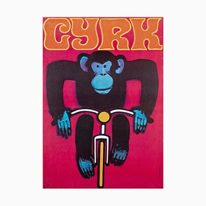 Póster de circo ciclista polaco Cyrk Chimpanze de Gorka, años 80