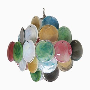 Vintage Italian Murano Chandelier wtih 36 Alabaster Multicolored Disks, 1990s