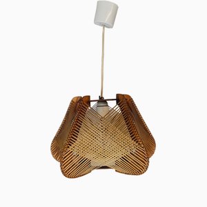 Mid-Century Rustic Brown Plywood and Straw Spiderweb Hanging Lamp, 1960s