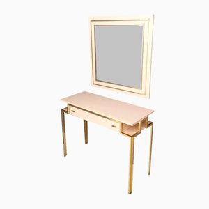 Postmodern Pale Pink Formica and Brass Console Table with Wall Mirror, Italy, 1970s, Set of 2