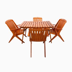Tavolo da giardino vintage e sedie in legno, anni '60