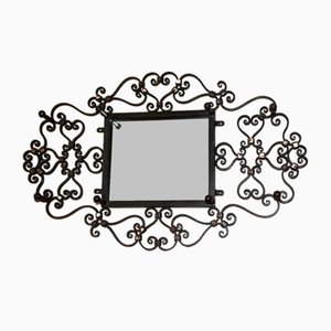 Black Forged Iron Wall Rack Entryway Mirror, 1950s