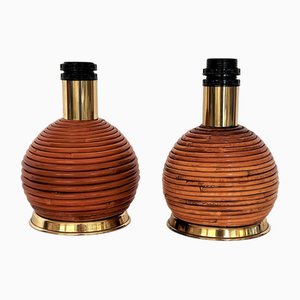 Vintage Italian Rattan Bamboo Table Lamps with Metal Base, 1970s, Set of 2