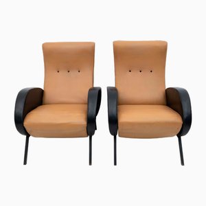 Mid-Century Reclining Armchairs in Modern Italian Leather attributed to Marco Zanuso, 1950s, Set of 2