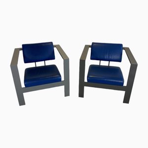 Postmodern Armchairs in Steel and Leather, 1980s, Set of 2