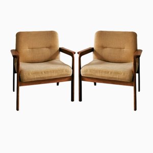 Fauteuils Mid-Century Beige en Teck et Velours, 1960s, Set de 2