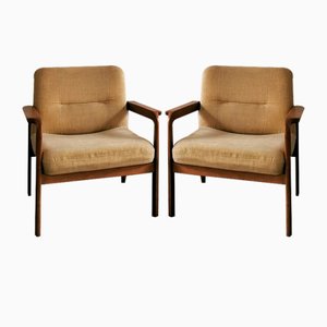 Fauteuils Mid-Century Beige en Teck et Velours, 1960s, Set de 2