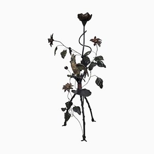 Wrought Iron Floor Lamp with Leaves, Flowers, and Parrot, 1960s