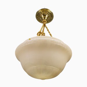 French Art Deco White Alabaster and Brass Pendant Light, 1920s