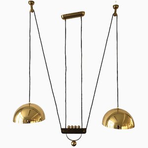 Mid-Century Modern Full Brass Double Shade Adjustable Counterweight Pendant Lamp from Domicil Möbel, Germany, 1970s