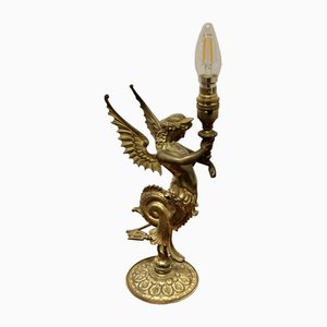 Lámpara de mesa Empire figurativa Siren de bronce, década de 1890