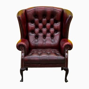 Vintage Chesterfield High Back Wing Chair in Burgundy Leather