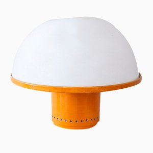 Space Age Mushroom Desktop Lamp with Metal Base Lacquered in Orange and Original Tulip in White Plastic, 1960s