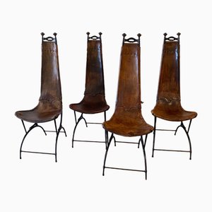 Leather and Wrought Iron Dining Chairs attributed to Sido & François Thévenin, France, 1970s, Set of 4