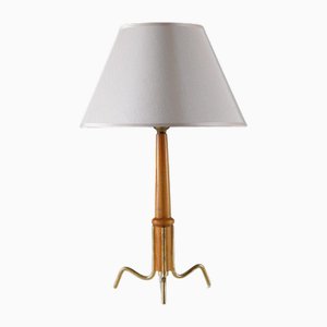Mid-Century Scandinavian Table Lamp in Brass and Elm from Böhlmarks, 1950s