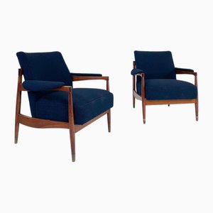 Mid-Century Modern Armchairs in Wood and Blue Boucle Fabric, Italy, 1960s, Set of 2
