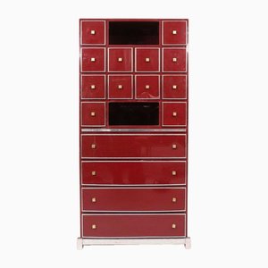 Mid-Century Red Cabinet Secretary in Brass, Chrome and Lacquer attributed to Michel Pigneres, 1970s