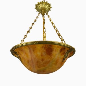 French Neoclassical Style Amber Alabaster and Bronze Pendant Light, 1920