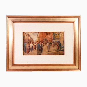 Telesforo Franchino, Marché de Venise, Peinture à l'Huile, XXe Siècle, Encadré