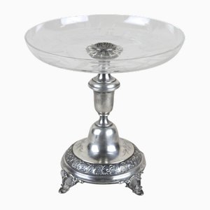 Centro de mesa de plata con cuenco de vidrio grabado, Austria, 1895