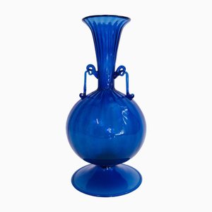 Blaue Vase aus mundgeblasenem Glas, Fratelli Toso zugeschrieben, 1930er