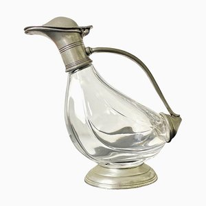 French Art Deco Duck Decanter Pitcher in Crystal and Pewter, France, 1940s