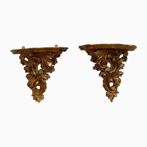 Guéridons Muraux en Bois Sculpté et Doré, Set de 2