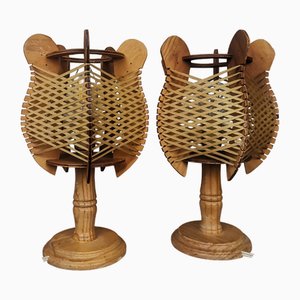 Mid-Century Portuguese Farmhouse Wood & Straw Table Lamps, 1960s, Set of 2