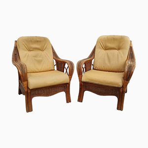 Vintage Rattan and Bamboo Armchairs, Spain, 1980s, Set of 2