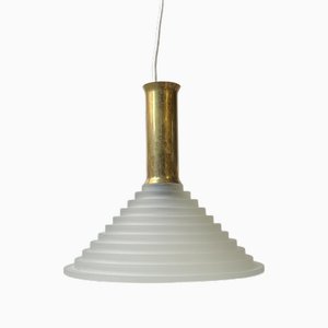 Italian Art Deco Revival Pendant Lamp in Brass and Glass, 1970s