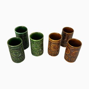 Tazas de cerámica marrón y verde, Francia, años 70. Juego de 5