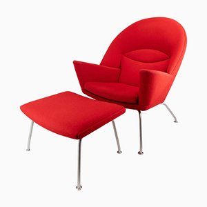 Oculus Chair and Ottoman in Red Hallingdal Fabric by Hans J. Wegner for Carl Hansen & Søn, 2000s, Set of 2