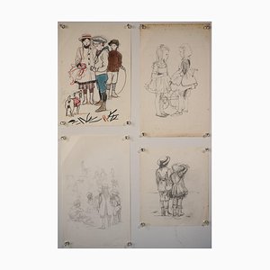 Drawings of Victorian Children at Play, Set of 4