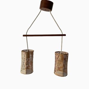 German Double Shade Wicker and Wood Pendant Lamp, 1960s