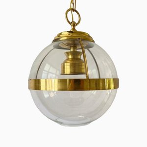 Lámpara colgante italiana de metal dorado y vidrio, años 70, Italia