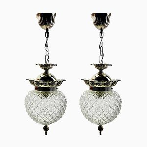 Art Deco Brass Ceiling Lamps with Glass Shades, Belgium, 1930s, Set of 2
