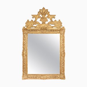 Grand Miroir Mural Antique en Bois Doré, France, 18ème Siècle