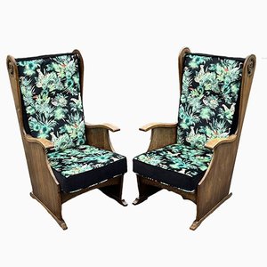 Mid-Century Oak Armchairs in Bright Jungle Print