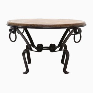 French Circular Wrought Iron and Oak Coffee Table, 1960s