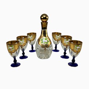Botella y vasos de cristal de Murano y oro de 24 kt pintados a mano, Italia, años 70. Juego de 7