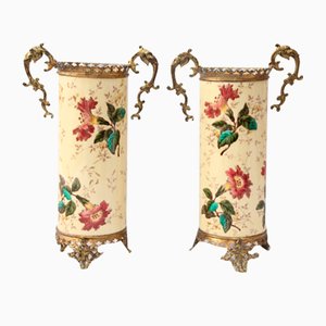 Yellow Ceramic & Bronze Vases with Floral Decor, 1930s, Set of 2