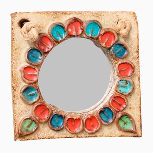 Small Vintage Ceramic Wall Mirror with Flower Motif by La Roue, 1960s